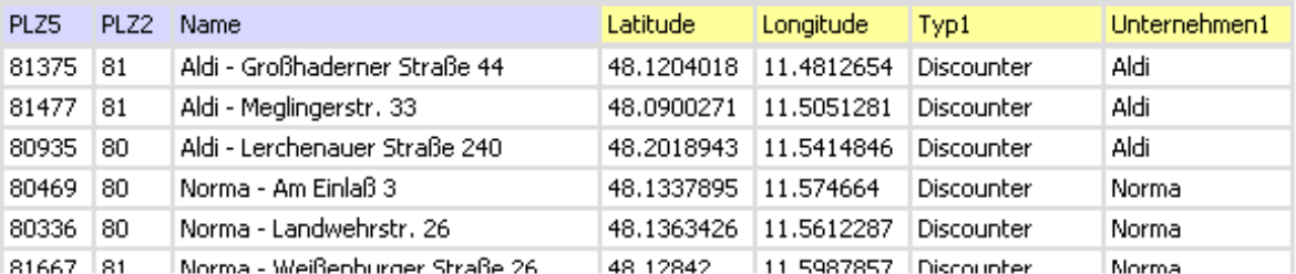 Excel-Tabelle mit Adressen und Geokoordinaten