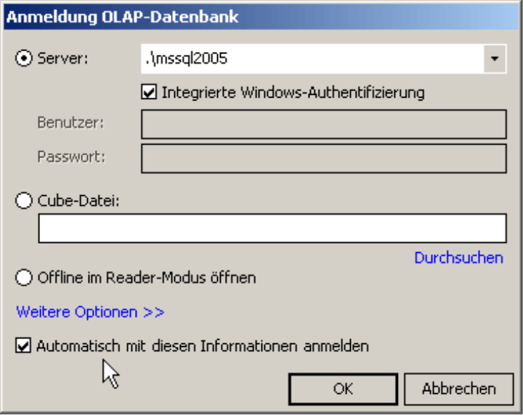 Automatische Anmeldung bei der OLAP-Datenbank mit den bekannten Informationen