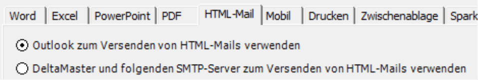 Auswahlmöglichkeiten auf der Registerkarte HTML-Mail: Outlook zum Versenden von HTML-Mails verwenden oder DeltaMaster und folgenden SMTP-Server zum Versenden von HTML-Mails verwenden