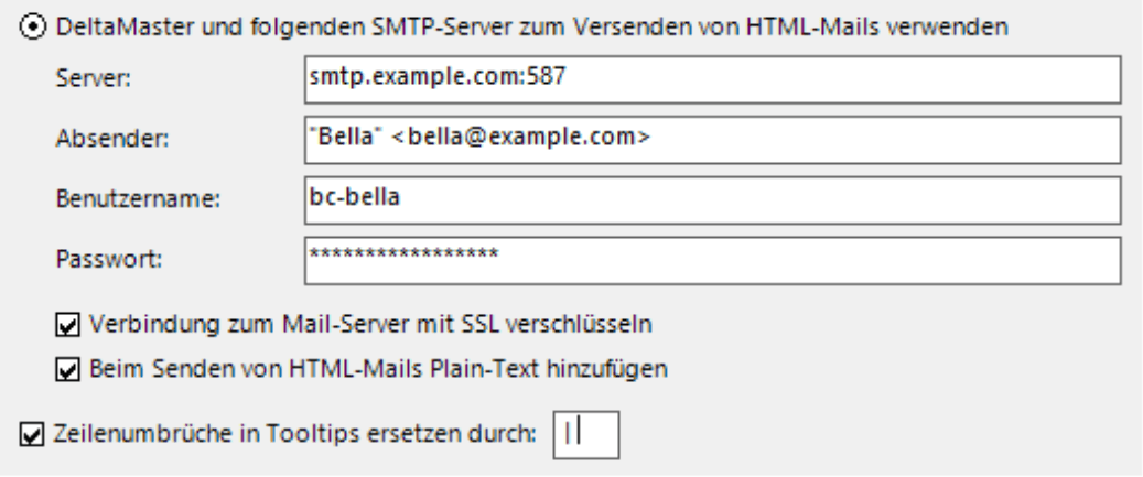 DeltaMaster und folgenden SMTP-Server zum Versenden von HTML-Mails verwenden mit Angabe Server, Absender, Benutzername und Passwort