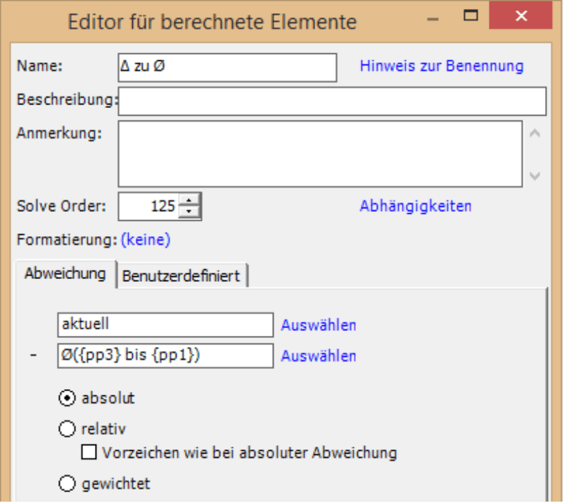 Editor für berechnete Elemente mit Registerkarte Abweichung und Auswahlmöglichkeit absolut, relativ oder gewichtet