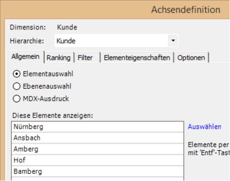 Achsendefinition mit Elementauswahl und Anzeigen der Elemente Nürnberg, Ansbach, Amberg, Hof, Bamberg