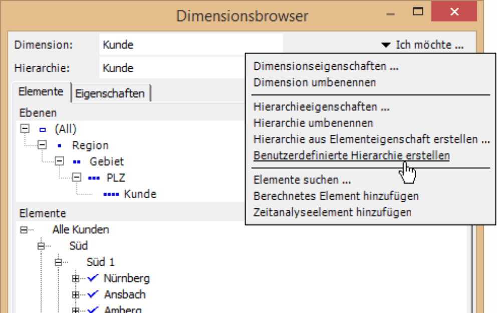 Dimensionsbrowser mit der Auswahl Benutzerdefinierte Hierarchie erstellen