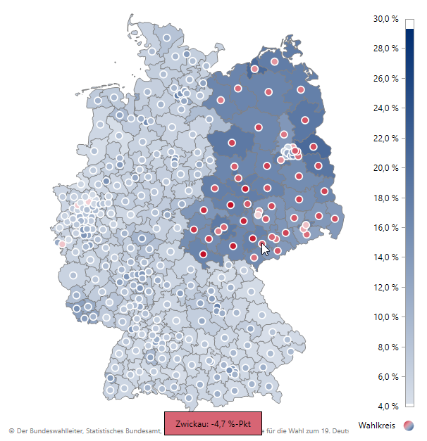 Ergebnisse für DIE LINKE: Flächenfärbung gemäß Zweitstimmenanteil 2017 und Markerfärbung gemäß Änderung in Prozentpunkten gegenüber der letzten Bundestagswahl 2013