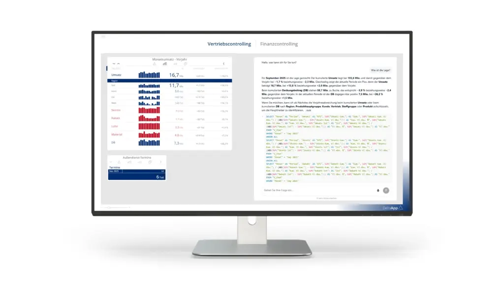 Compliance und Transparenz beim Einsatz von KI im Business Intelligence. Die Abbildung zeigt einen Audit Trail im DeltaChat der DeltaApp von Bissantz & Company. Quelleninformation der KI stellen Transparenz und Nachvollziehbarkeit für Controlling und Management sicher.